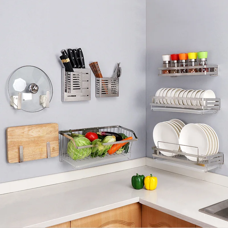 

304 Stainless Steel Wall Mounted Kitchen Storage Rack Dish Drainer Plate Drying Shelf Lid Cover Cutlery Holder Oragnizer Tools