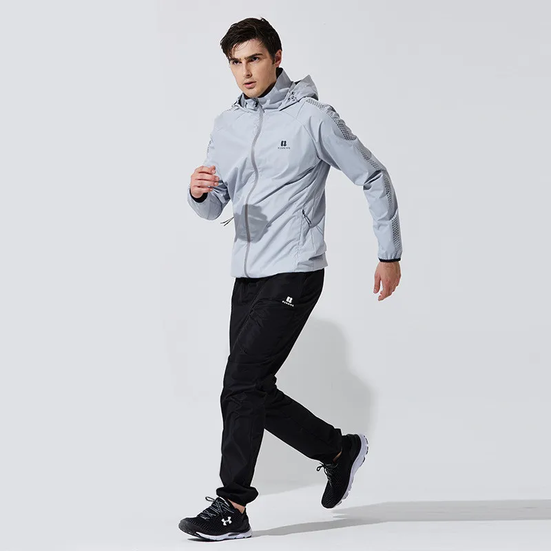 Men Illuminate Lose Weight Sauna Suit Sweat Fitness Running Jogging Sport Quick Dry Jackets and Pants Suit Workouts Clothes - Color: Gray