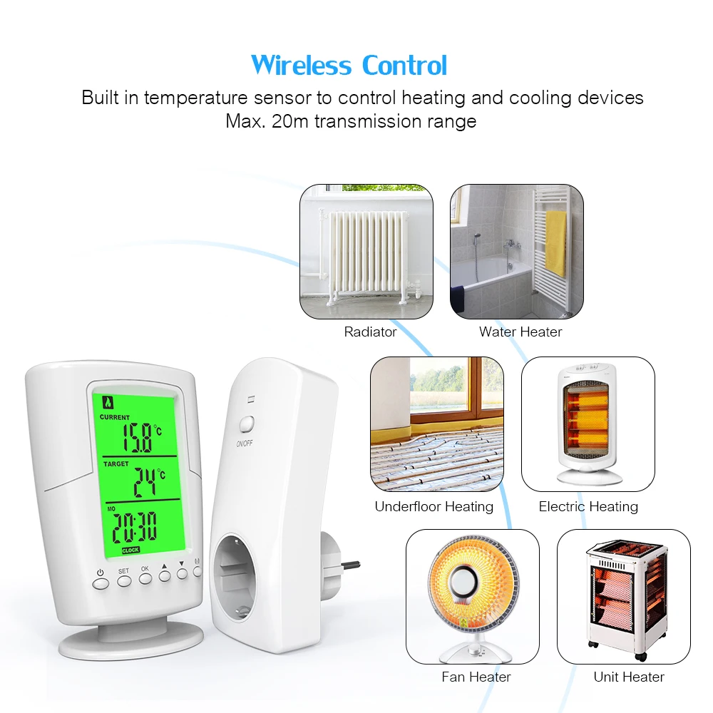 Умный беспроводной термостат дистанционного управления+ штепсельная розетка нагревательная охлаждающая программа контроль температуры с ЖК-подсветкой
