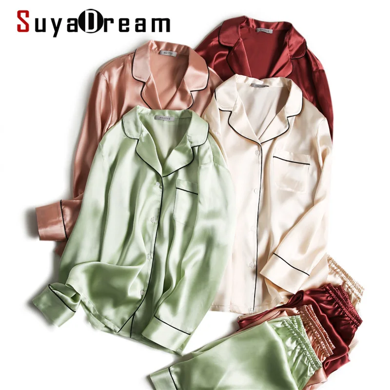 

SuyaDream Women Silk Pajamas Solid 100%Real Silk Long sleeves Sleepset Set 2020 Turn Down Collar Print Two-piece Nightwear