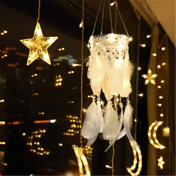 

Pink Feather Dreamcatcher Wall Hanging Wind Chimes LED Crafts Lucky Dream Catcher Night Lights Girl Bedroom Hanging Decoration
