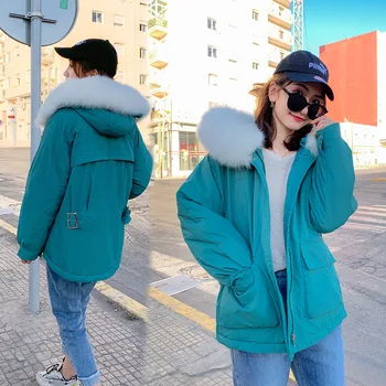 

2020 Cotton Winter Warm Bread Student Parkas Loose thick Casaul Fur Collar Hooded Zipper Pocket ParkaFemale Cotton Clothing