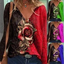 

2022 Ladies Europe and America Autumn/Winter V-neck 3D Rose Long Sleeve Loose T-shirt Fashion Street Print Rose Pattern Top