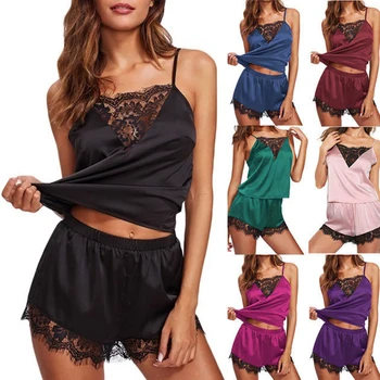 

2019 Lounge Sleep Pajama Set Sexy Satin Sleepwear Women Summer Pyjama V-Neck Sleeveless Femme Fashion Flower Pajamas for Women
