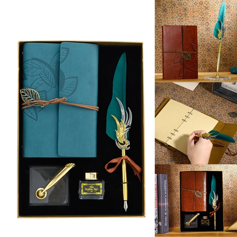 

Retro Calligraphy Feather Dip Fountain Pen Writing Ink Notebook Stationery Box