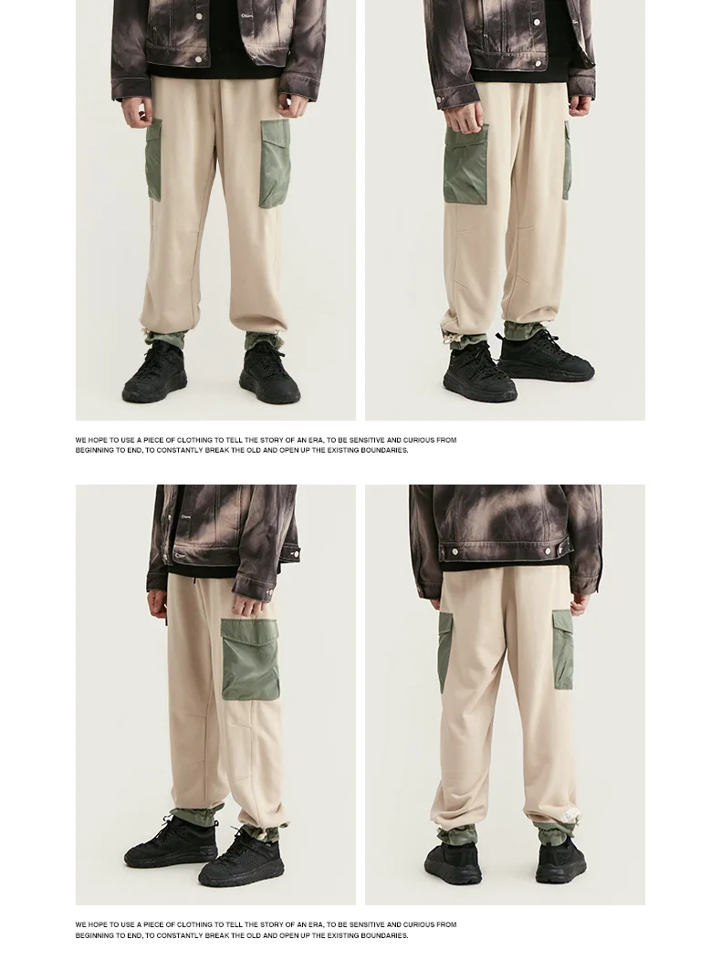 Fionto Men's Wear Autumn and Winter New Personality Impingement Pocket Splice Tie Foot Leisure Sports Pants Man