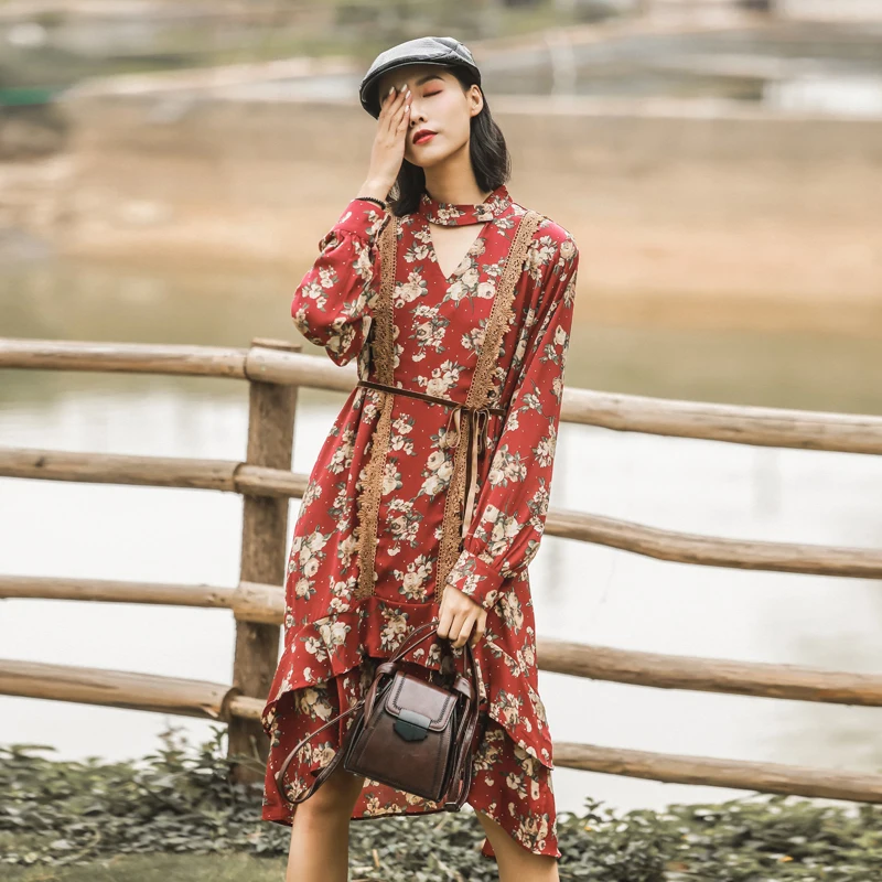 LANMREM can ship Temperament printtiing Dresses famale 2020 spring fashion new Irregular ruffles patchwork dress with belt YJ020 | Женская