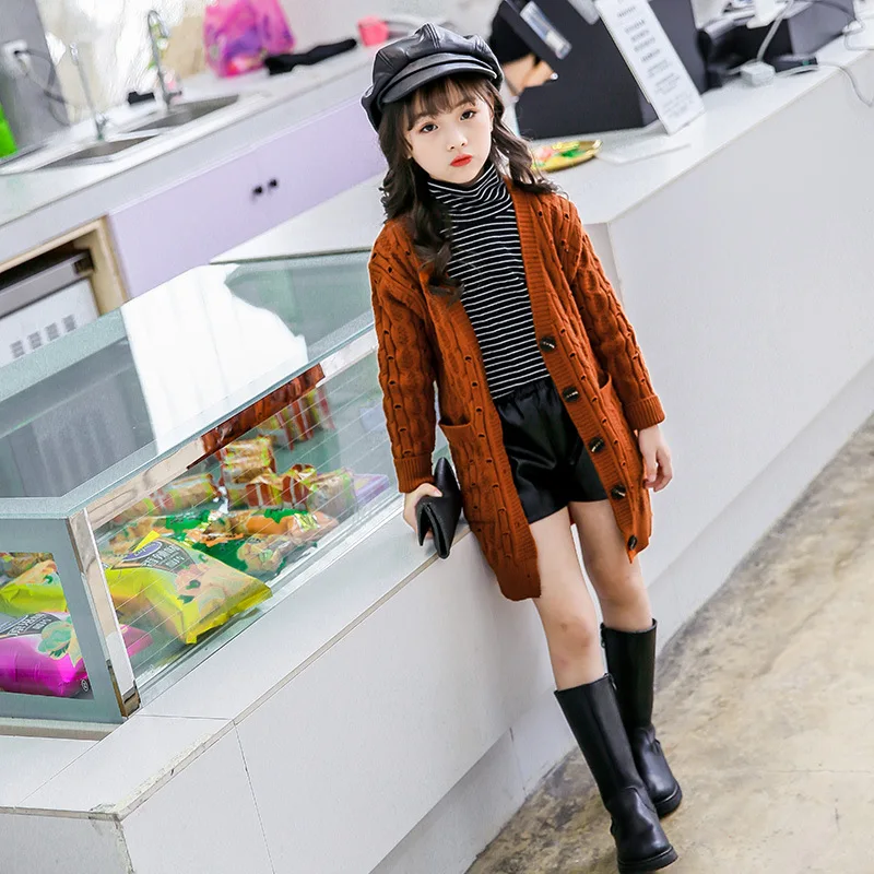 

Big Boy Autumn Cotton Casual Korean-style Solid Color Girls 19 Knitted Sweater Cardigan Long Linen Flower Color Button