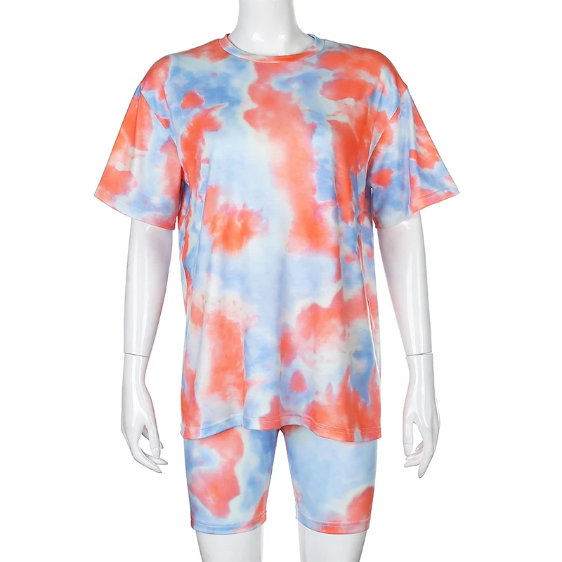 Darlingaga Casual Tie Dye Two Piece Set Women Tracksuit Fashion Summer Top and Biker Shorts Matching Sets Outfits Sportswear New