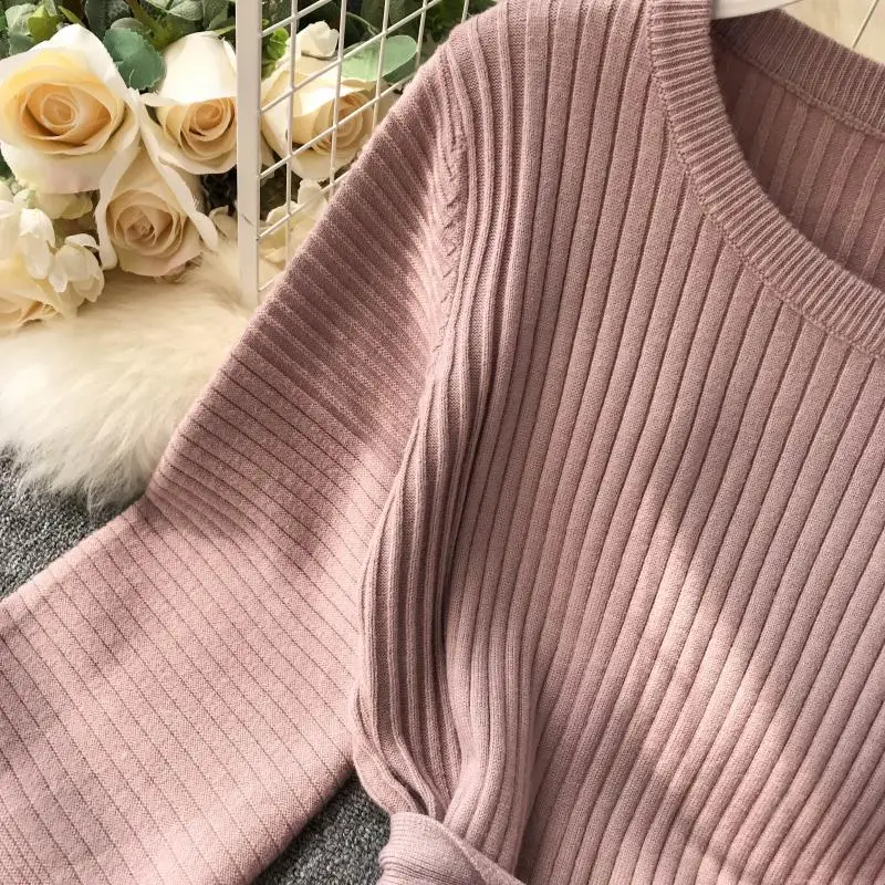 ALPHALMODA, осень, Женский пуловер с длинным рукавом и поясом, Повседневное трикотажное платье, длина до колена, однотонное простое зимнее платье-свитер