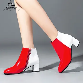 

Fashion Patent Leather Ankle Boots Women Spring Autumn Square High Heel Zipper Boots Round Toe Woman Shoes Gold Red Black Silver