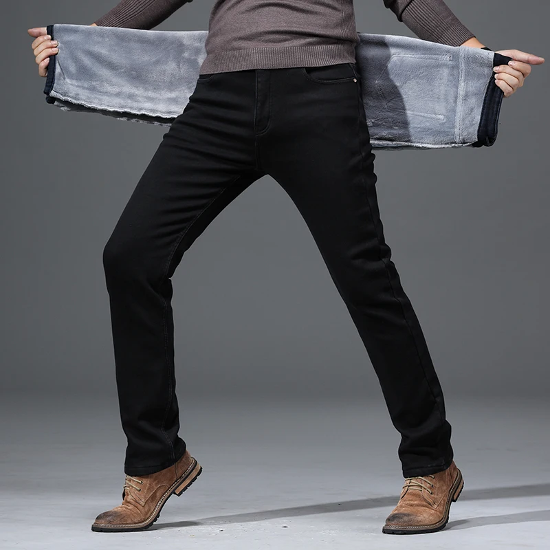 Tanie Xuansheng polarowe proste męskie jeansy 2019 zimowe klasyczne dorywczo ciepłe elastyczne markowe spodnie spodnie streetwear czyste czarne dżinsy