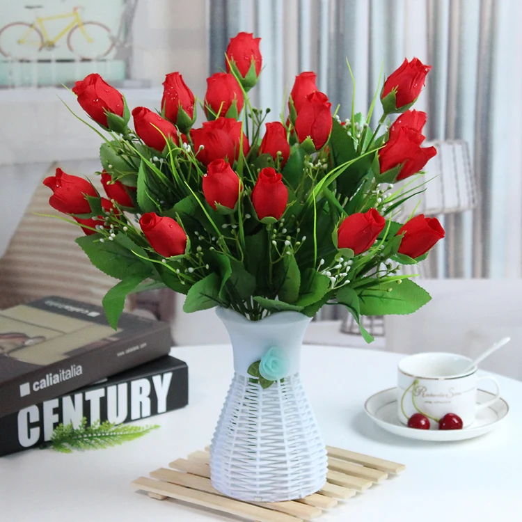 Rose Bud Artificial Flower Plastic Flower Living Room Dining Table Interior Decoration Silk