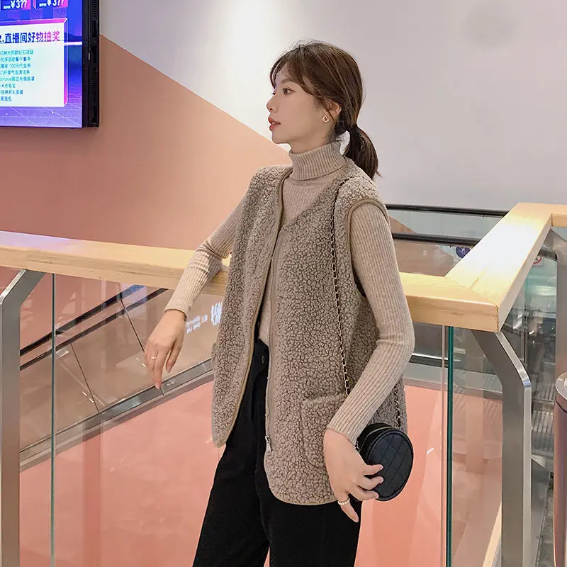 

Zipper Sleeveless Solid Plus Size Female Thicken Loose Casual Waistcoat All-match Coat Lamb Plush Vest Winter New Fashion