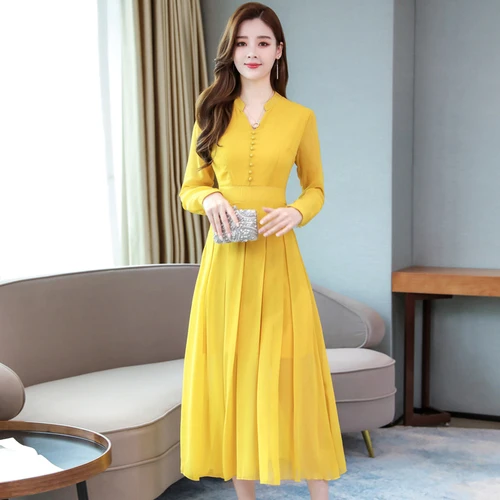 Осень, Новое поступление, высокое качество, корейский стиль, v-образный вырез, пуговица, длинный рукав, женское шифоновое длинное платье размера плюс M-3XL - Цвет: Цвет: желтый
