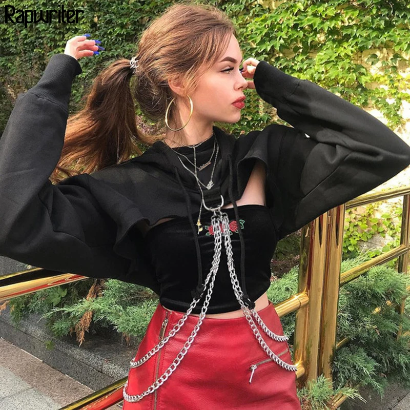  Rapwriter Punk Metal Chain Patchwork Solid Long Sleeve Hoodies Sweatshirts Women 2019 Autumn Black 