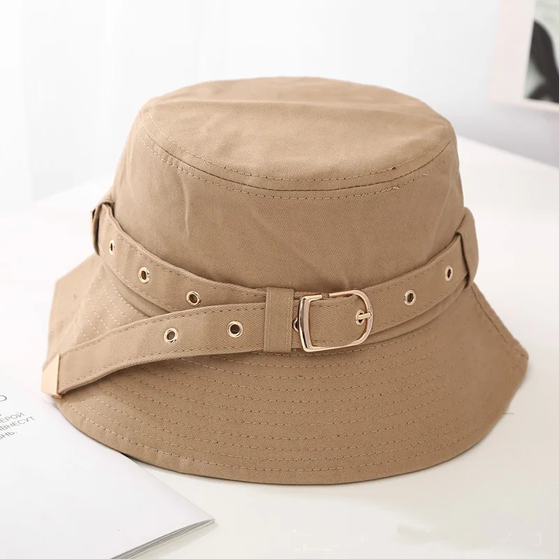 Girls Gold Buckle Belt White Bucket Hat 2020 New Cool Sun Protective Hat Women Black Camel Cotton Twill Fisherman Hat