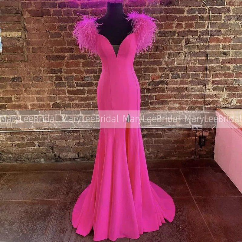 

Женское атласное платье с юбкой-годе, розовое платье с страусиными перьями, высоким разрезом, стрейчевое платье для выпускного вечера, 2019