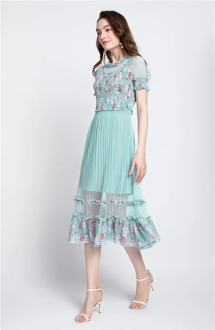 Mesh Patchwork Print Dress Pleated Short Sleeves Knee-Length O-Neck Women Dresses Autumn Plus Size Floral Elegant Dress