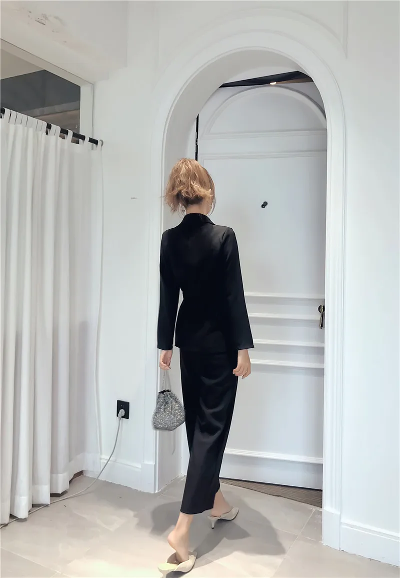 HziriP Brief Chic, Новинка осени, офисный женский однотонный блейзер с поясом+ винтажные повседневные штаны до щиколотки, комплект из 2 предметов