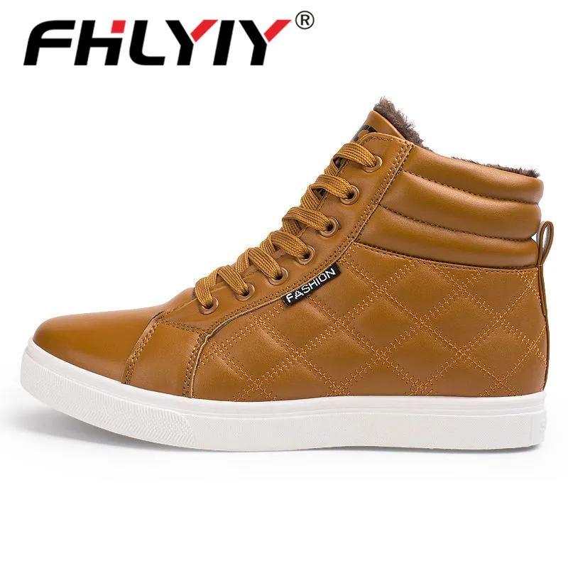 Yellow Fhlyiy брендовые зимние модные кожаные высокие кроссовки мужская обувь с мехом плюш теплая Повседневная Классическая удобная мужская обувь - Цвет: Yellow
