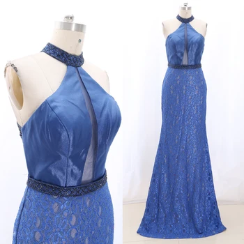 

MACloth Dark Blue Sheath Halter Floor-Length Long Crystal Satin Prom Dresses Dress M 269177 Clearance