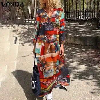 

VONDA Women Vintage Printed Dress Long Sleeve V Neck Bohemian Maxi Dresses Casual Loose Holiday Dress Plus Size Beach Vestidos