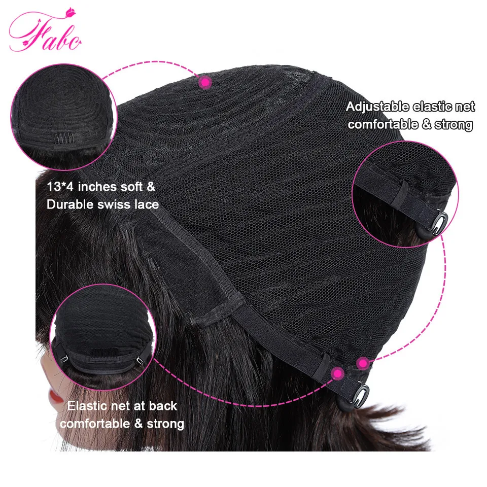FABC-Peluca de cabello humano liso con flequillo para mujer, postizo de pelo corto peruano Remy, corte Bob, a máquina, 150%