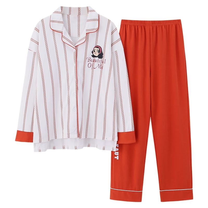 

Spring Long Sleeved Knitted Cotton Women's Pajama Set Cute Girls Striped Nightwear Pants Pajama Sets Sleepwear Home Clothing