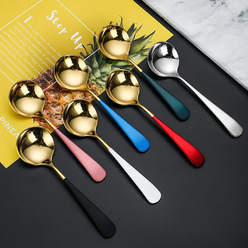 Cucharas de café de cabeza redonda, accesorios de vajilla de cocina Multicolor de acero inoxidable para mezclar té, postre, pastel, 15,9 cm x 4,5 cm