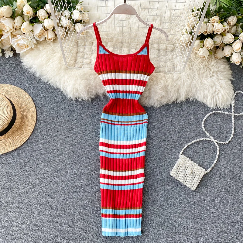 Vintage 2020 V Neck sexy striped print Slim Bodycon Knitted short Dress Summer Party Women spaghetti strap dress Club dresses