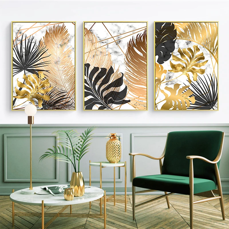 

Nordic Plants Golden Watercolor Leaves Canvas Painting Cuadros Posters and Prints Wall Art Picture for Living Room Home Decor