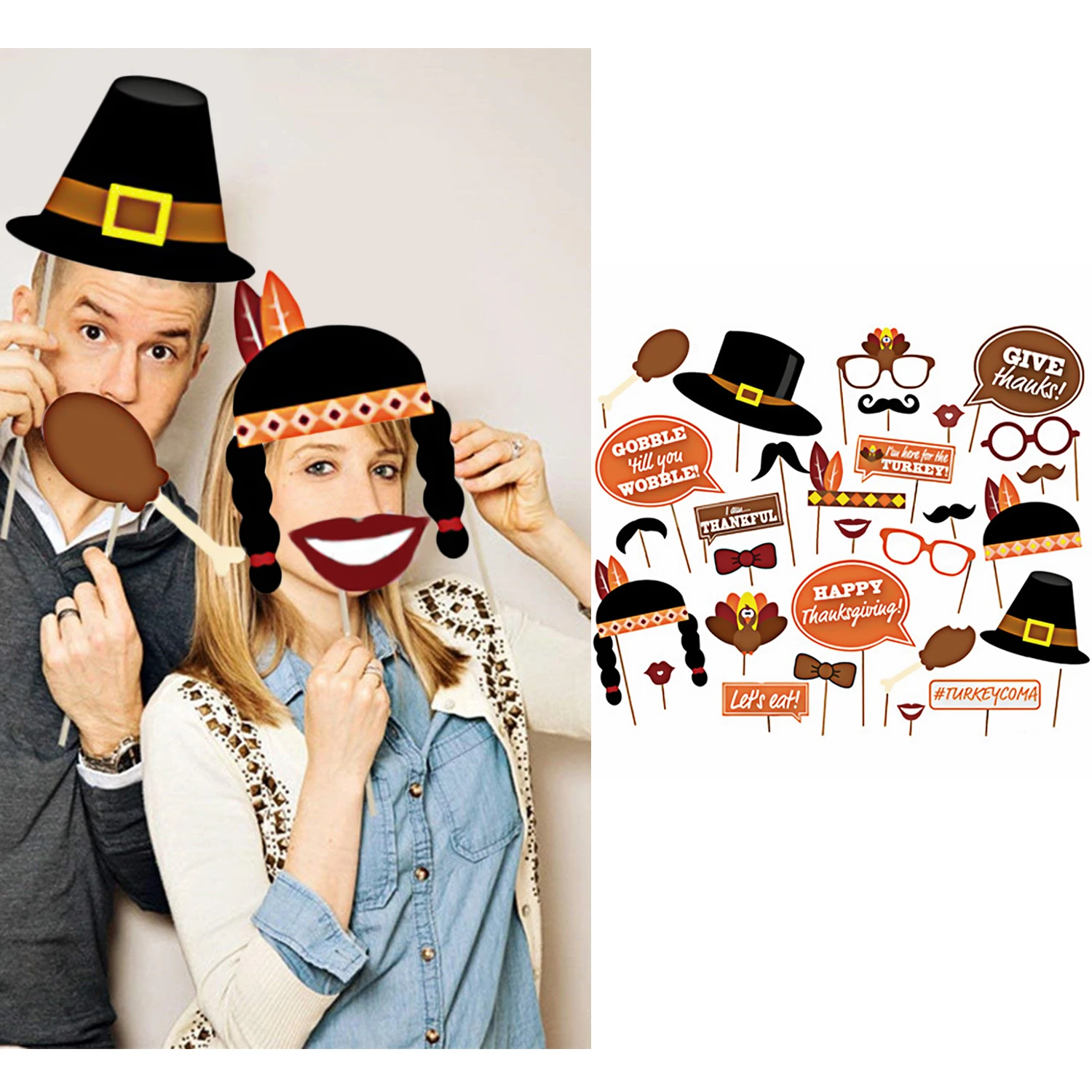 Behogar 29PCS DIY Paper Photo Props Kit for Thanksgiving Theme Party Festival Celebration Family Gathering Photography Decor