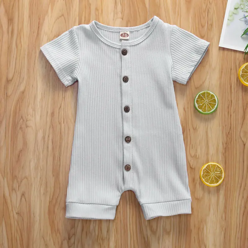 

Newborn Infant Baby Girl Boy Clothes Short Sleeve Button Solid Color Romper Jumpsuit Outfit Summer