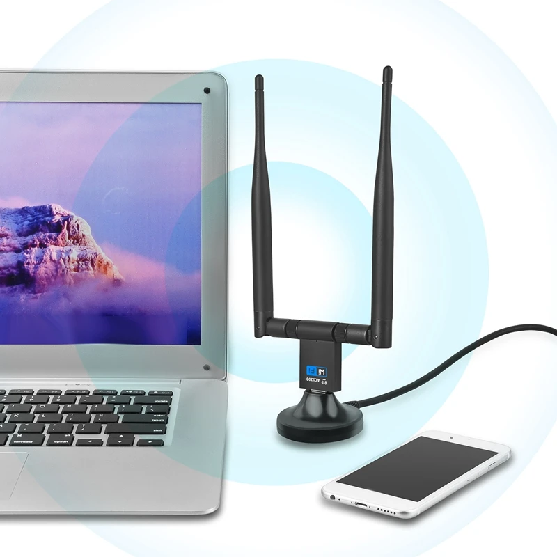 USB WiFi адаптер беспроводной сетевой адаптер, 1200 Мбит/с двухдиапазонный 2,4 ГГц/300 Мбит/с 5 ГГц/867 Мбит/с высоким коэффициентом усиления двойной 5 дБи антенны сети Wi-Fi