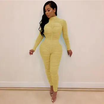 

2019 Ruched Perspective Sexy Mesh Romper Women Long Sleeve Bandage Party Jumpsuit Solid Skinny Plus Size Bodysuit