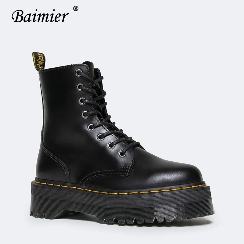Baimier/Черные Ботинки martin; женские ботильоны на толстой платформе со шнуровкой; женская теплая зимняя обувь на плоской подошве
