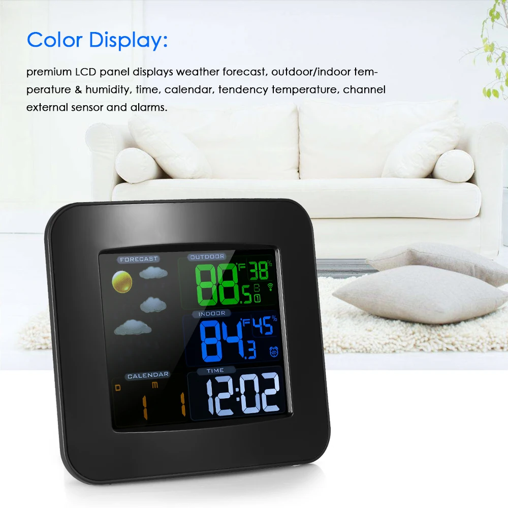 

Hot New Multifunctional Wireless Color Weather Station Clock Thermometer Hygrometer Barometer Time Calendar Display Double Alarm