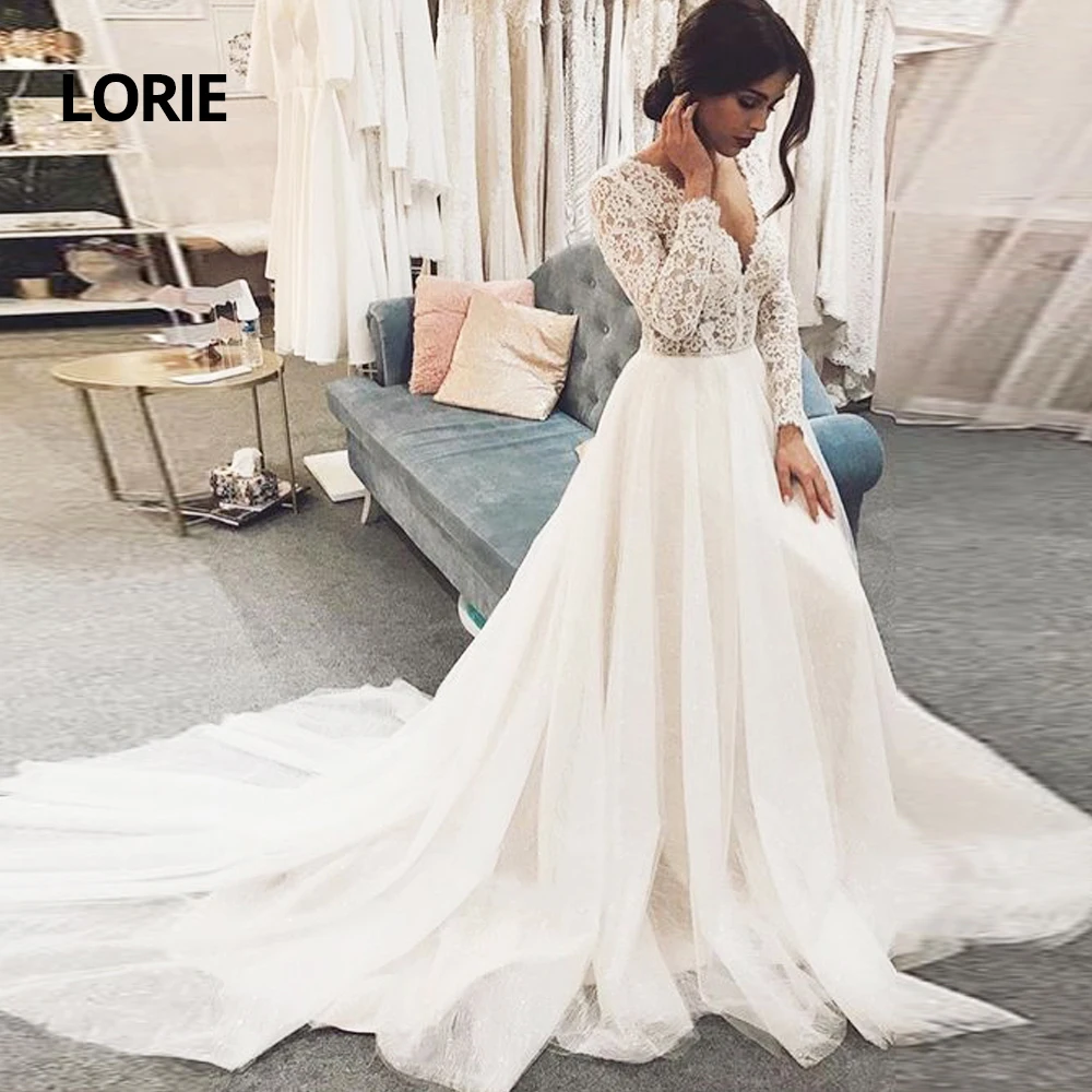 LORIE Vintage Baljurk V-hals Lange Mouwen Lace Trouwjurken met Trein Elegante Prinses Bruidsjurken Nieuwe vestido de noiva LORIE Vintage Baljurk V-hals Lange Mouwen Lace Trouwjurken met Trein Elegante Prinses Bruidsjurken Nieuwe vestido de noiva
