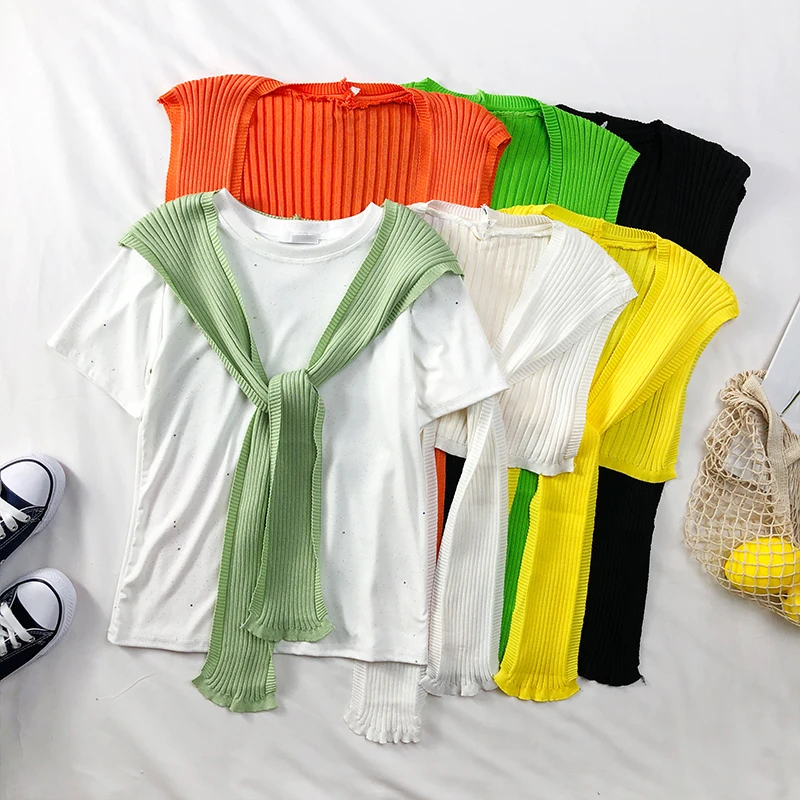 

autumn candy-colored ice-silk Small Outside Shawl Bandage Air Conditioning Room Women Shoulder Sleeve Knitted Fake Collar Scarf