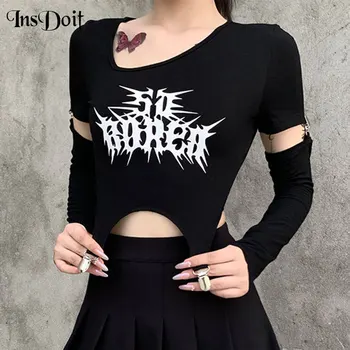 

InsDoit Gothic Streetwear Hollow Out Crop Tops Punk Letter Print Patchwork Slash Neck T Shirts Women Fashion Long Sleeve Tops