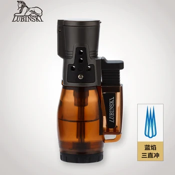 

LUBINSKI 3 Blue Torch Jet Flame Portable Cigar Lighter Cigarette Lighter Windproof With Visual Gas Window Tobacco Smoking Tool