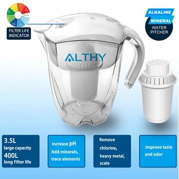 ALTHY 3.5L Mineral Alkali Water Pitcher Filter - 400L Long-Life Filters - Alkalizer Purifier Filtration System +pH -ORP 2