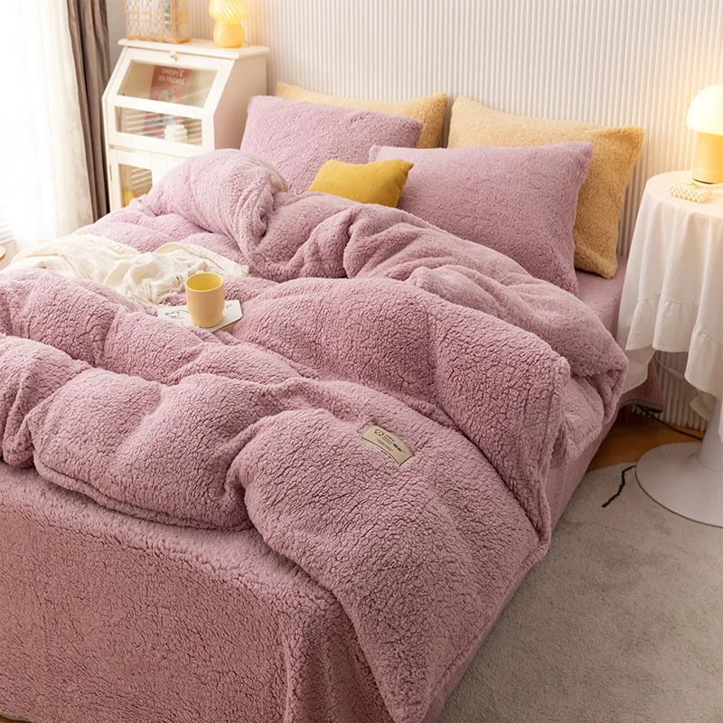 

Solid Warm Bedding Set Camel Pink Lamb Cashmere Duvet Cover Bed Sheet Pillowcase Winter Bedclothes Twin/Super King Home Textile