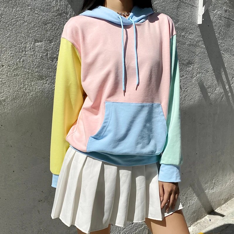 IAMSURE  2020 Autumn Winter Fashion Macaron Colorblock Oversized Hoodie For Women Kpop Streetwear Casual Loose Female Sweatshirt