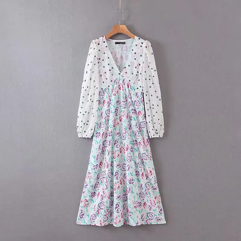 

Western Style 2019 Autumn New Style WOMEN'S Dress Retro Polka Dot Flower Printed Joint V-neck Waist Hugging Slimming Dress
