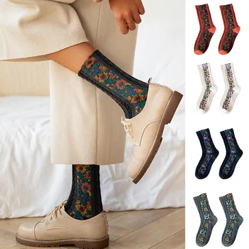 

Women Embroidery Flower Socks Cotton Ethnic Style Socks Sleeping Home Sock Harajuku Casual Floral for Girls Female EU Size 35-39