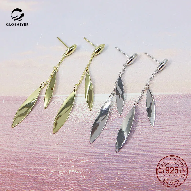 

Delicate cold wind S925 sterling silver smooth leaf earrings South Korea temperament wild long fringed leaf earrings 327