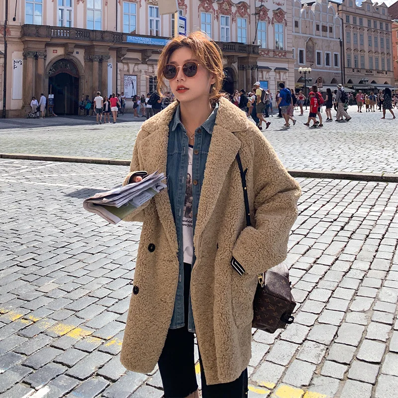 

Acz19 Lambs Wool Suit Jacket Autumn And Winter Korean-style Women's Loose And Plus-sized Double Breasted Padded Thick Cotton Ove