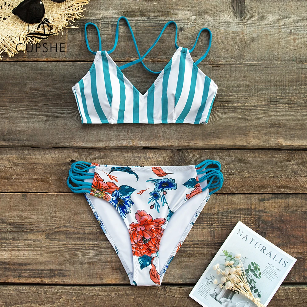 

CUPSHE Stripe and Floral Strappy High-Waisted Bikini Set Sexy Cut Out Swimsuit Two Pieces Swimwear Women 2019 Beach Bathing Suit